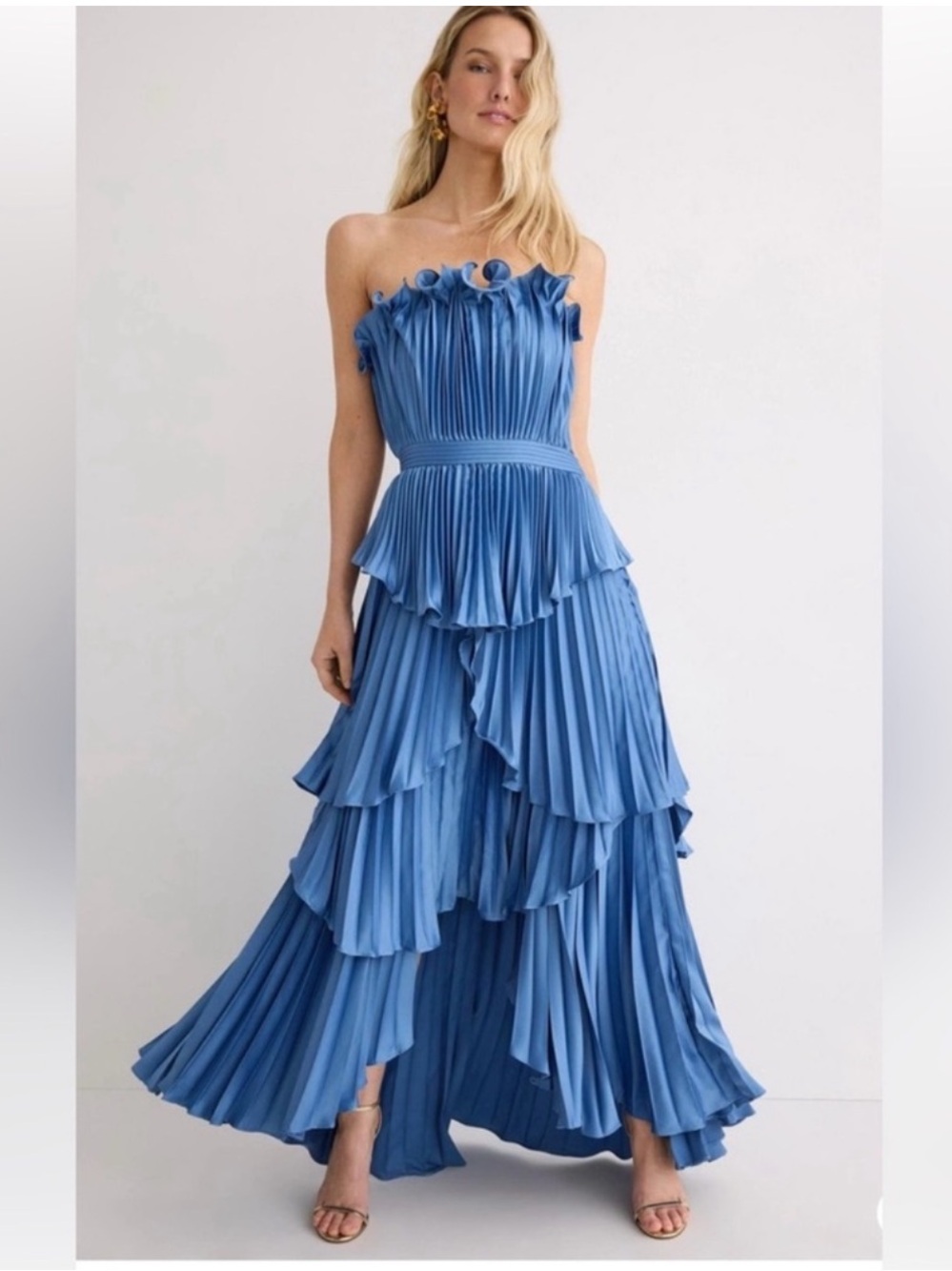 AMUR Janey Pleated Tiered MIDI Dress in Blue Size 6